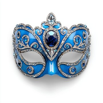 A decorative blue masquerade mask adorned with intricate silver designs and sparkling gems, perfect for festivities and themed events.