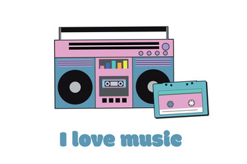 Retro boombox and cassette tape illustration with pastel colors and text I love music on white background. Colored vintage covers in 90s disco style. Disco event and nostalgic music.