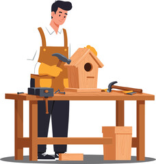 Carpenter building a birdhouse in flat vector illustration style with tools and wood materials