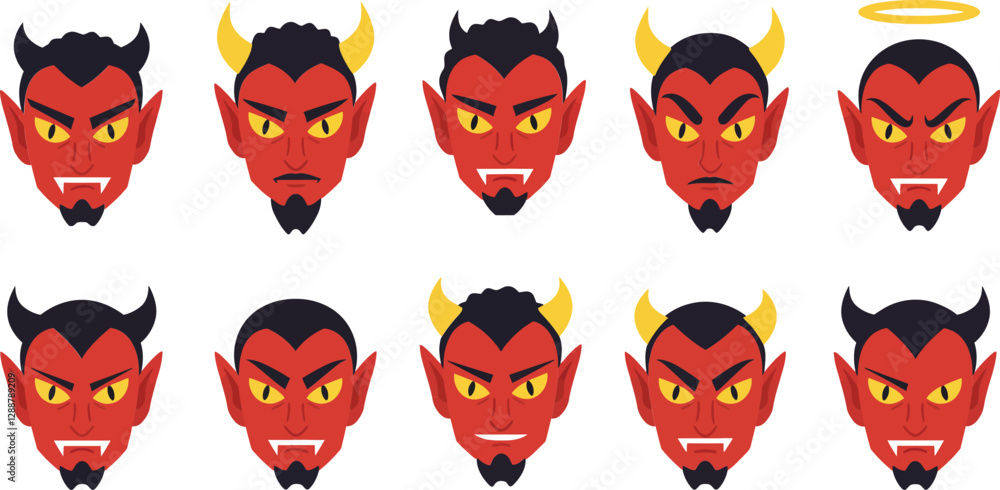 Poster colorful cartoon devil faces displaying various expressions and features in a row