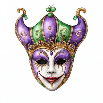 A colorful masquerade mask with a jester design featuring purple and green colors, adorned with ornate details and a playful expression.
