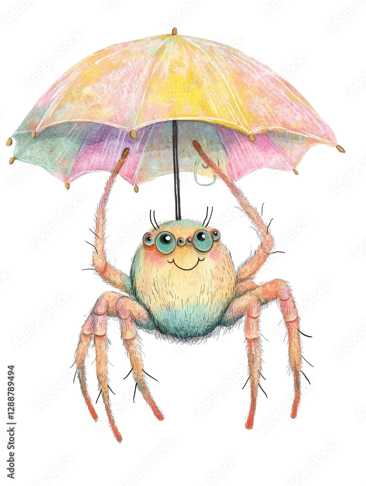 Poster spider holding an umbrella and smiling in a whimsical artistic setting isolated on transparent backg