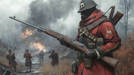Soldier, rifle, battlefield, smoke, war, grim.
