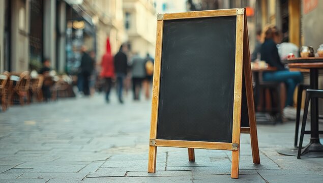 Chalkboard sign stands on urban sidewalk, perfect for personalized messages.