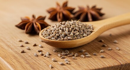 A rustic kitchen scene of a wooden spoon filled with fragrant anise seeds resting on a finely textured wooden cutting board