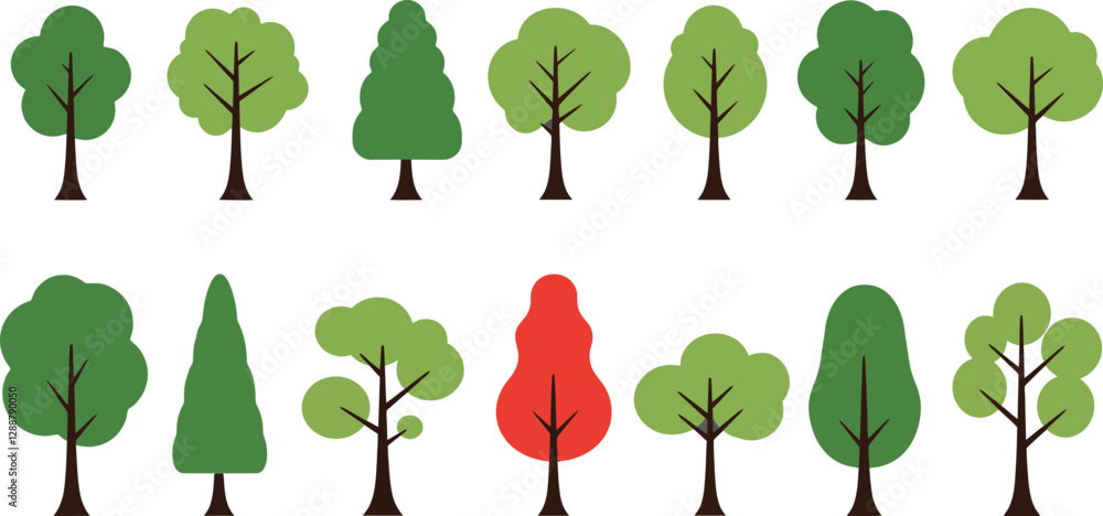 Poster various stylized trees in different shapes and colors arranged in a pattern