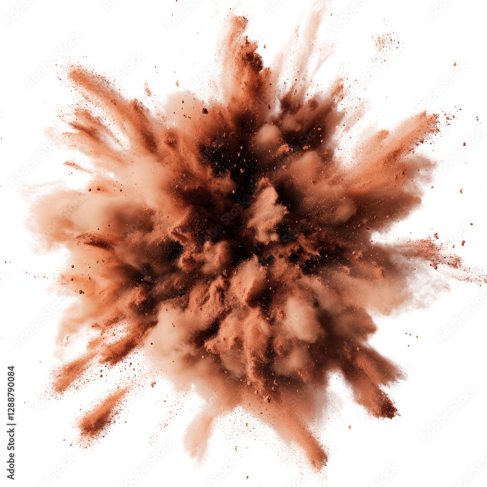 Poster brown powder explosion creating a dynamic and energetic abstract background for design projects isol
