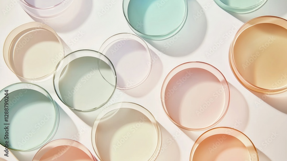 Poster a collection of round, translucent containers in various pastel colors arranged on a white surface, 