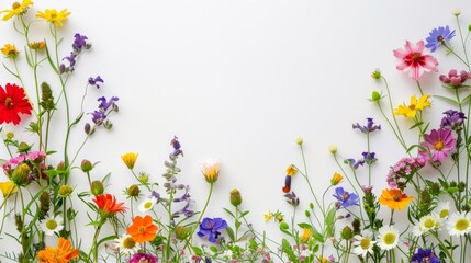 A frame of colorful summer flowers on a white background