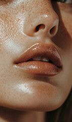Fototapeta premium Close-up portrait showcasing a woman's glossy lips and radiant, freckled skin with focus