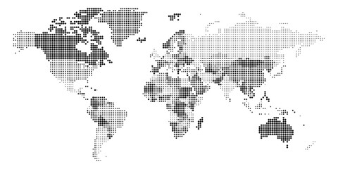 A detailed political world map represented by dots illustrates global political boundaries and regions. Each area is visually highlighted, emphasizing geographical distinctions. © pyty