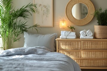 Relaxing Bedroom with Natural Decor and Cozy Bedding