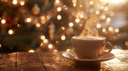 Fototapeta premium Cup of coffee with christmas lights