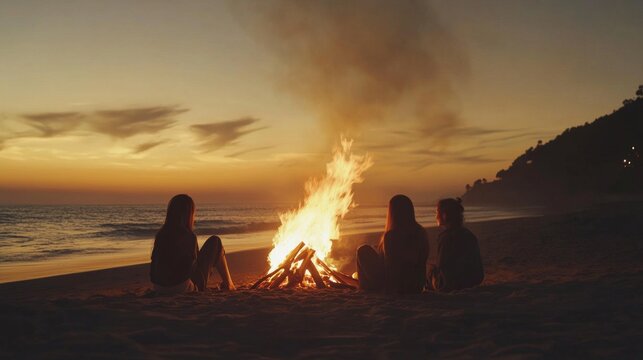 Gen Z friends having a bonfire on the beach at sunset. Featuring relaxation and connection