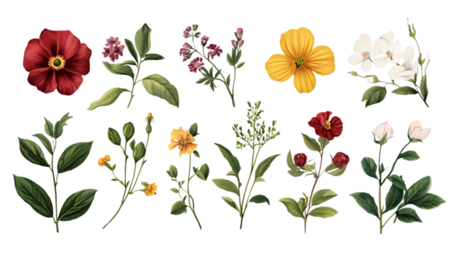 Botanical illustrations of flowers and leaves, vintage style, on a white background --ar 16:9