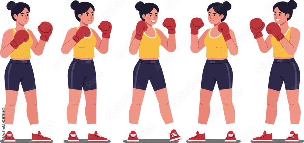 Aufkleber animated sequence showing a female boxer preparing for a match with dynamic poses