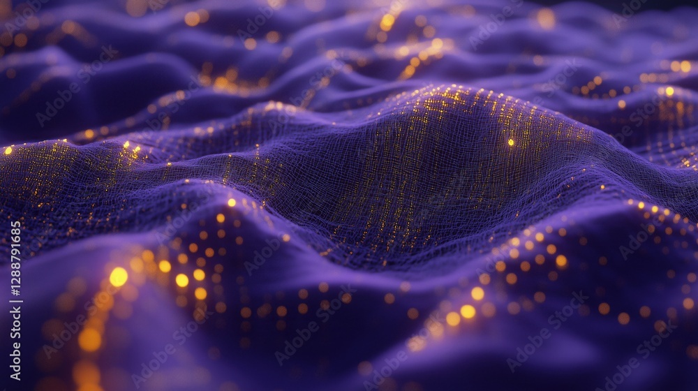 Poster a dynamic and textured landscape of undulating purple surfaces dotted with golden lights, creating a