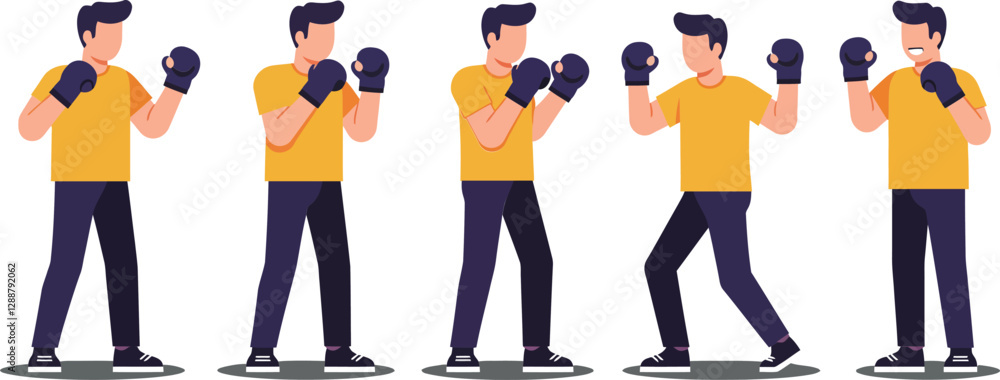 Poster animated sequence of a boxer preparing for a match, showcasing various stances and movements