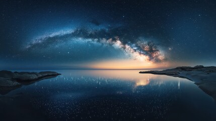 A surreal scene of the Milky Way reflected perfectly on a still ocean, merging sky and sea