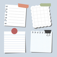 Set of vintage paper notes with sticky tapes, element for decorating journal, notebook or diary. vector, illustration design.