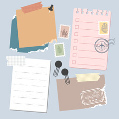 Set of vintage paper notes with sticky tapes, element for decorating journal, notebook or diary. vector, illustration design.