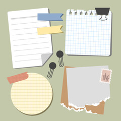 Set of vintage paper notes with sticky tapes, element for decorating journal, notebook or diary. vector, illustration design.