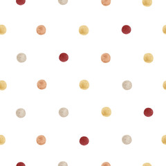 Watercolor seamless pattern with warm colors polka dot, yellow, red, brown. Isolated on white background. Hand drawn clipart. Perfect for card, fabric, tags, invitation, printing, wrapping.