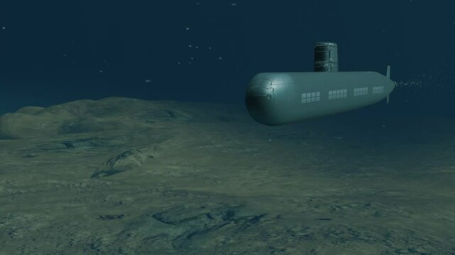 Atomic submarine moving on the bottom of the sea