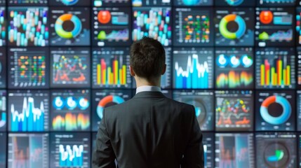 A data analyst in front of a huge screen with graphs