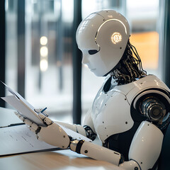 Advanced robot reviewing documents in a modern office setting during the day