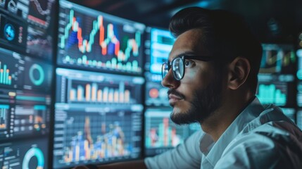A data analyst in front of a huge screen with graphs
