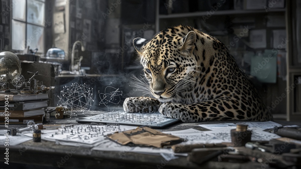 Aufkleber theoretical physicist leopard studies intricate bcaa patterns in a cozy lab setting