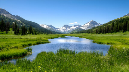 Fototapeta premium Serene Mountain Lake Landscape with Lush Green Meadow