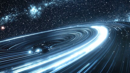 A futuristic starship travels through a cosmic highway of glowing planetary rings
