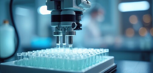 Close-up shot of automated liquid handling robot in medical lab. Robot processing samples in test tubes. Early cancer identification via biomarkers detection with precision, efficiency, increased