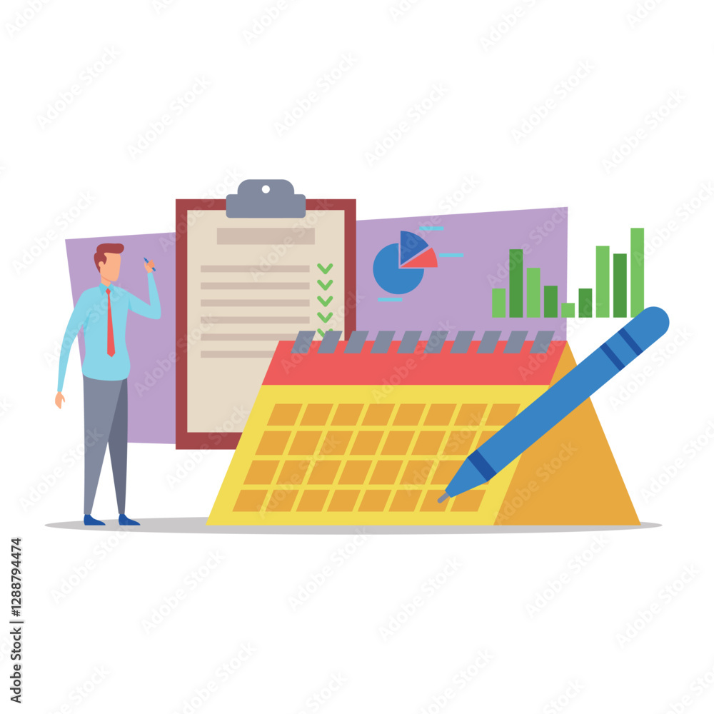 Poster business professional standing beside calendar, preparing for upcoming tasks. charts and graphs illu