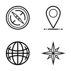 Vector navigation icon set – compass, location pin, globe, and wind rose. Minimalist black and white line art style, perfect for maps, apps, web design, and UI UX interfaces