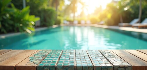Empty mosaic tabletop with blurred pool background. Wooden deck with turquoise water and sunlight for summer vacation. Tropical resort, nature beauty. Sunny day for travel or product display.
