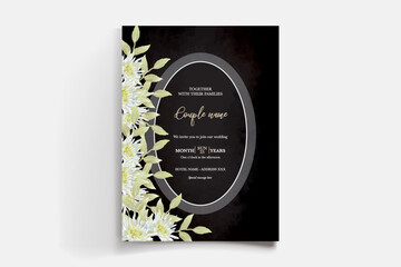 WEDDING INVITATION FRAME WITH FLOWER DECORATIONS AND FRESH LEAVES 