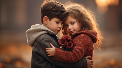 Fototapeta premium Little boy and girl hug each other