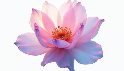 Obraz premium Radiant iridescent flower with holographic gradient petals. Neon pink fluid blends with blue, purple hues. Modern floral design vibrant, creative, dynamic. Abstract three-dimensional object on white