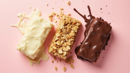 Indulgent Granola Bars with Chocolate and White Chocolate Drizzle on Pink Background
