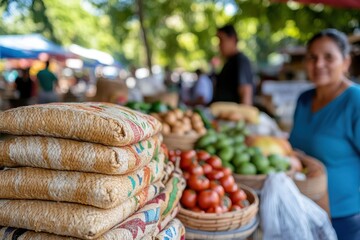 An array of vibrant fruits and vegetables displayed in a lively market setting, emphasizing the abundance and diversity of local produce and the joy of shopping.