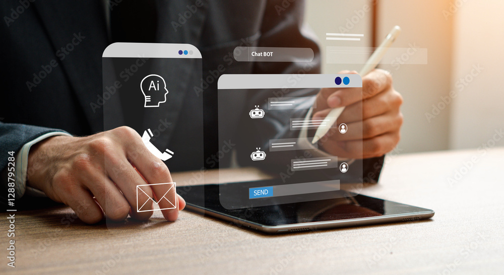 Poster ai chat bot assistant interaction to help and support customers in digital communication, businessma