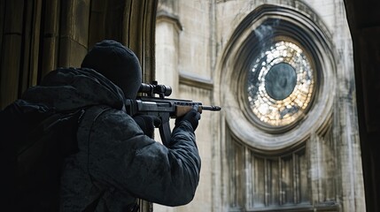 Person aims rifle, targeting ornate window.