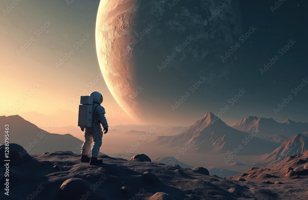 Aufkleber astronaut stands on moon looking at large earth-like planet with mountains in the background. space 