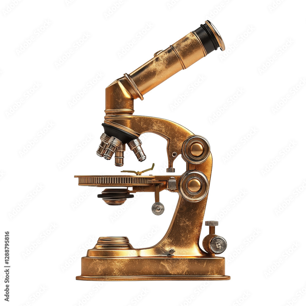 Poster gold plated microscope on laboratory workbench with various scientific instruments and tools nearby 