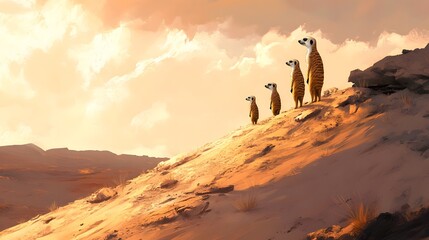 Silhouetted explorers on sandy dunes, group of travelers standing against a sunset sky, sense of adventure and discovery, vast landscape.