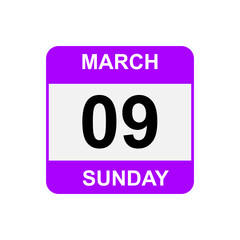 9 March , Sunday .Date template. Useful design for calendar or event promotion. Vector illustration EPS 10 file

