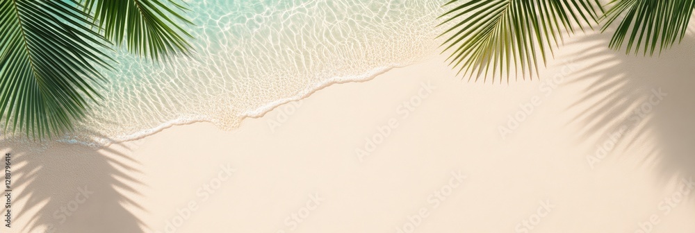 Poster top view of a tropical white sand beach with palm trees casting shadows on the shore and crystal cle